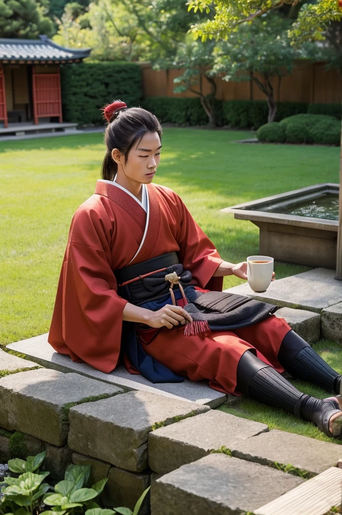 Generate an image of a samurai resting in a garden drinking tea.
