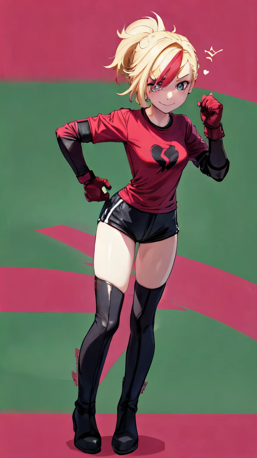 (best quality:1.2),solo,1girl,mdrin,smile,looking at viewer,lovely pose, ponytail,v-shaped eyebrows,red shirt, fingerless gloves,black shorts , garden background, warm color tones,soft lighting, Hair over one eye, ultra long hair, standing on hooftop, long boots, long ponytail, blonde