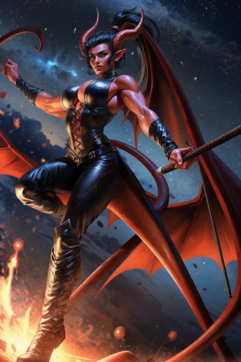 Red skin succubus tiefling, medium breasts, black horns, wings, huge tail, black leather, tall, toned, graceful, thin, long black ponytail. Action scene, whip. Dark scene, explosions, night sky.