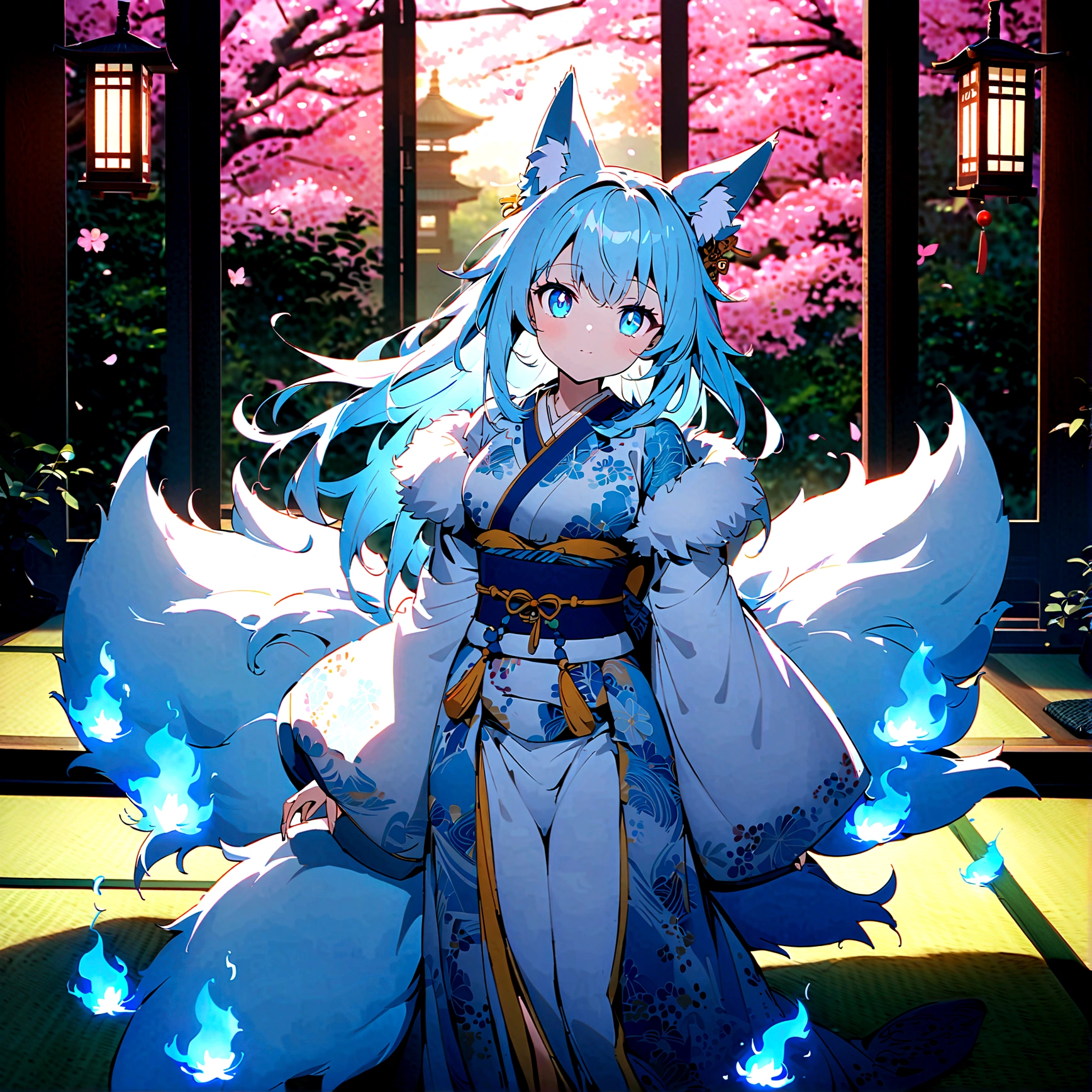 fox Light blue hair beast girl indigo fur fox beast girl fox Light blue hair beast girl indigo fur fox beast girl Wallpaper 4k,8k,highly detailled,,vivid colors,detailed kitsune with 9 tails,traditional Japanese artwork,tatami floor,beautiful cherry blossoms,floating lanterns,dark silhouette of a pagoda,subtle moonlight,dense forest,ethereal atmosphere,dappled sunlight,whimsical spirit,serene expression,elaborate kimono and obi,delicate hand-painted details,luminous eyes Anime Style fox blue White-faced golden-haired nine-tailed fox Coat blue fox Light blue hair beast girl indigo fur fox beast girl Anime Style fox blue White-faced golden-haired nine-tailed fox Coat blue mysterious background Blue Flame girl have a ball of light fox Light blue hair beast girl indigo fur fox beast girl mysterious background Blue Flame girl have a ball of light Anime Style fox blue White-faced golden-haired nine-tailed fox Coat blue mysterious background Blue Flame girl have a ball of light