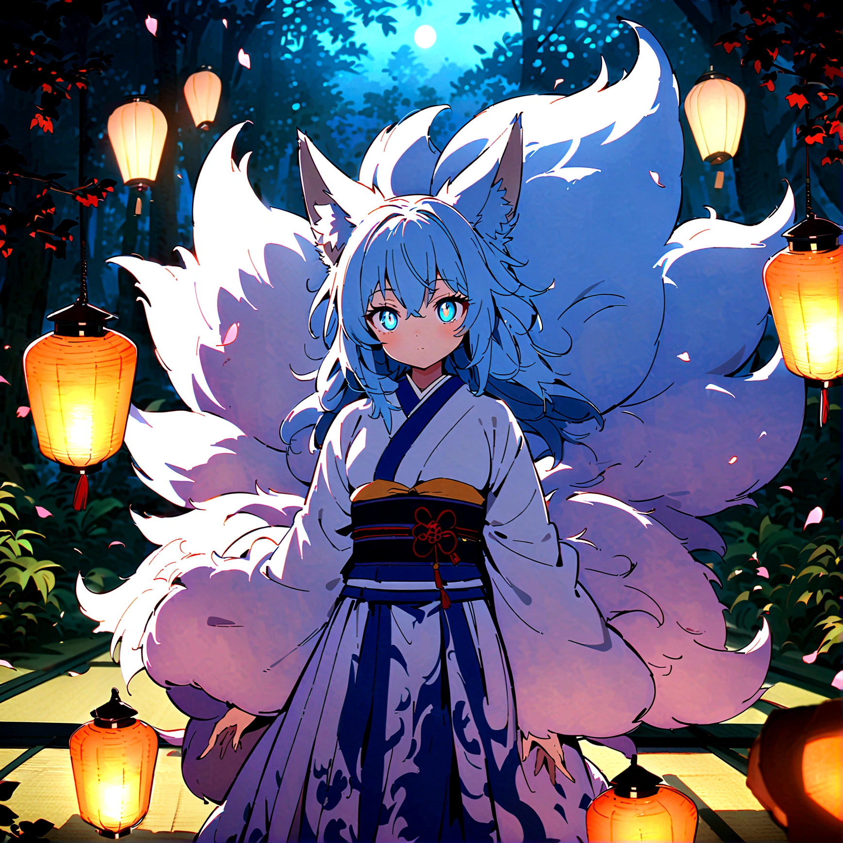 fox Light blue hair 　beast girl　indigo fur　fox beast girl　fox Light blue hair 　beast girl　indigo fur　fox beast girl　Wallpaper 4k,8k,highly detailled,,vivid colors,detailed kitsune with 9 tails,traditional Japanese artwork,tatami floor,beautiful cherry blossoms,floating lanterns,dark silhouette of a pagoda,subtle moonlight,dense forest,ethereal atmosphere,dappled sunlight,whimsical spirit,serene expression,elaborate kimono and obi,delicate hand-painted details,luminous eyes　Anime Style　fox　blue　White-faced golden-haired nine-tailed fox　Coat blue　　fox Light blue hair 　beast girl　indigo fur　fox beast girl　Anime Style　fox　blue　White-faced golden-haired nine-tailed fox　Coat blue　　　mysterious background　Blue Flame　girl　have a ball of light　fox Light blue hair 　beast girl　indigo fur　fox beast girl　mysterious background　Blue Flame　girl　have a ball of light Anime Style　fox　blue　White-faced golden-haired nine-tailed fox　Coat blue　　　mysterious background　Blue Flame　girl　have a ball of light