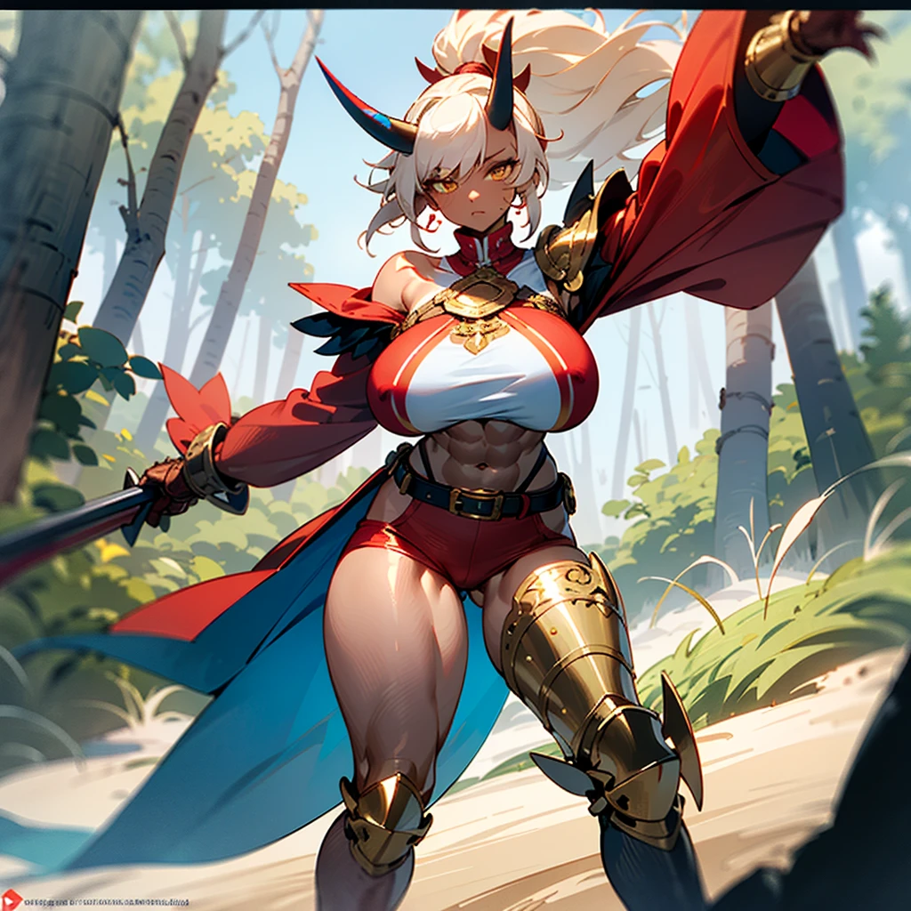 ((best quality)), ((masterpiece)), (detailed), 1girl, off-shoulder sweater, 8k_wallpaper, extremely detailed eyes, extremely detailed body, (large masterpiece digital art), ((perfect anatomy huge chest)), (intricate details:1.3), (ultra-detailed:1.3), (sharp focus:1.3), (natural lighting:1.05), (vivid colors:1.3), (best quality:1.4), high quality, expressive eyes, full body, tall girl, detailed face, beautiful face, perfect face, detailed ((sand hair)), (gold eyes), ((big red horns)), {{dark skin}}, ({dark skinned female}), gigantic breasts, thick thighs, a young Korean woman, (with golden eyes), (ponytail sandy lush hair), {tanned dark bronze skins), powerful sculpted leg muscles, powerful sculpted arm muscles, powerful sculpted abdominal muscles, sculpted thigh muscles, wears a red coat with rolled up sleeves, gold-colored steel heavy armor, a wide red leather belt with silver thread, leather pants with steel thigh guards, leather steel gloves, walking through the forest, trees with blue foliage and white flowers,