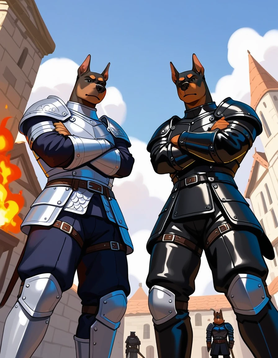 Duo, score_9,score_8_up,score_7_up, duo, an Anthro furry hyena male, and an Anthro furry Doberman male, two soldiers, male, medieval mercenaries, (black armor, black leather armor):1.4, grinning, various different species soldiers,   their eyes and faces are shrouded in shadow, they are wearing leather armor, outdoors, in a burning village, nighttime,  low angle shot, they are looking down at viewer, pov, arms crossed, faceless, their faces are shrouded in darkness, arms crossed, they are standing, grinning:1.5 deviously, evil smiles, ill intent, mysterious men