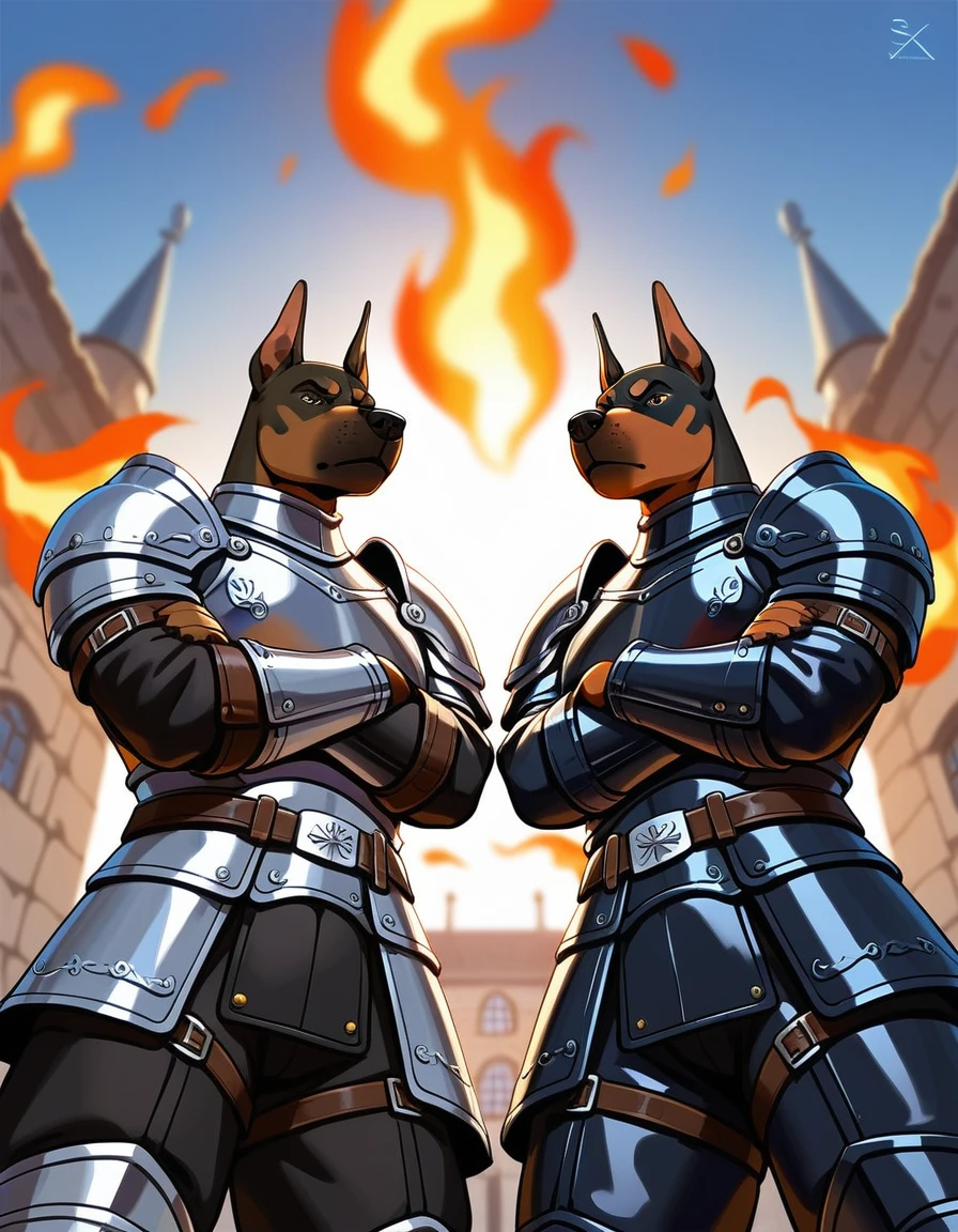 Duo, score_9,score_8_up,score_7_up, duo, an Anthro furry hyena male, and an Anthro furry Doberman male, two soldiers, male, medieval mercenaries, (black armor, black leather armor):1.4, grinning, various different species soldiers,   their eyes and faces are shrouded in shadow, they are wearing leather armor, outdoors, in a burning village, nighttime,  low angle shot, they are looking down at viewer, pov, arms crossed, faceless, their faces are shrouded in darkness, arms crossed, they are standing, grinning:1.5 deviously, evil smiles, ill intent, mysterious men