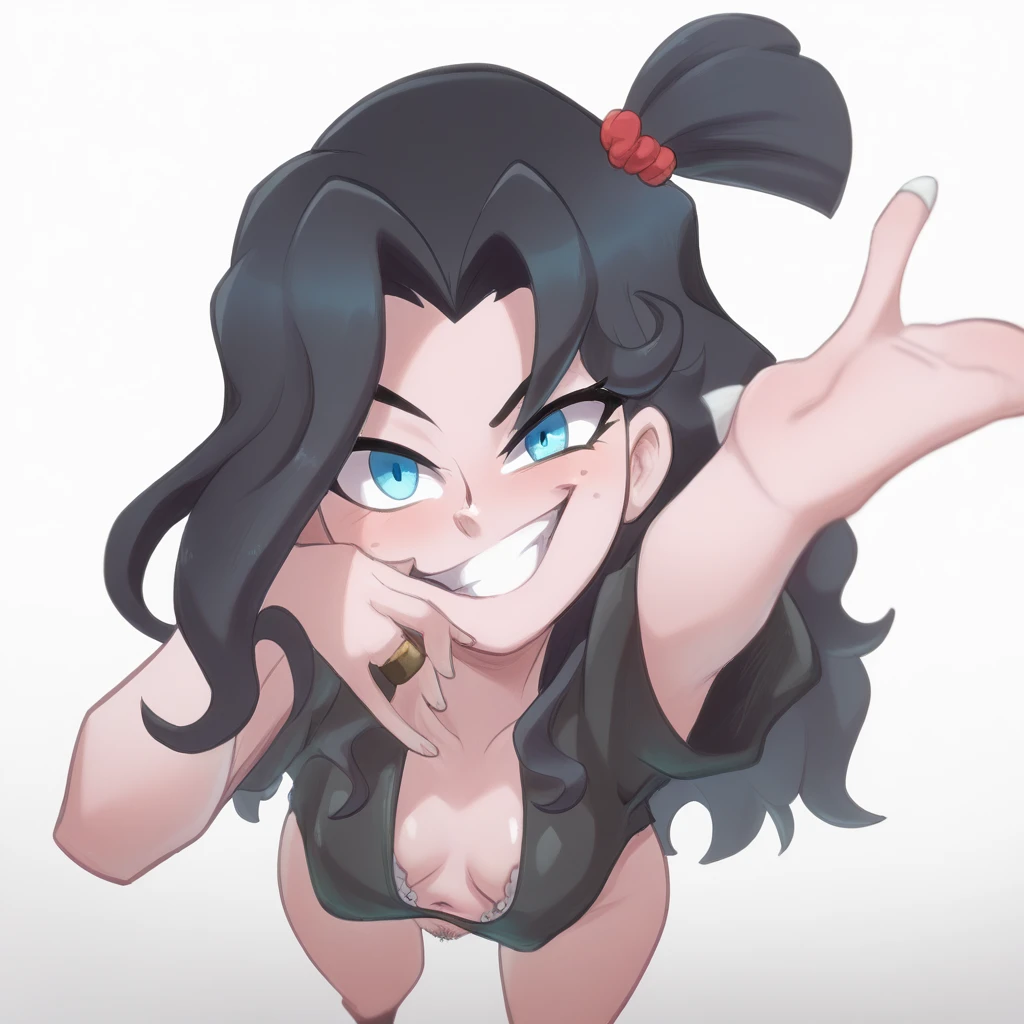 Ralph Bakshi Style, gesugao, Curvy blue eyed girl with long wavy black hair and small breasts standing over viewer, (extreme nsfw), lewd:3.0, (downward camera angle), (full-body-shot pov), (pubic_stubble):4.0