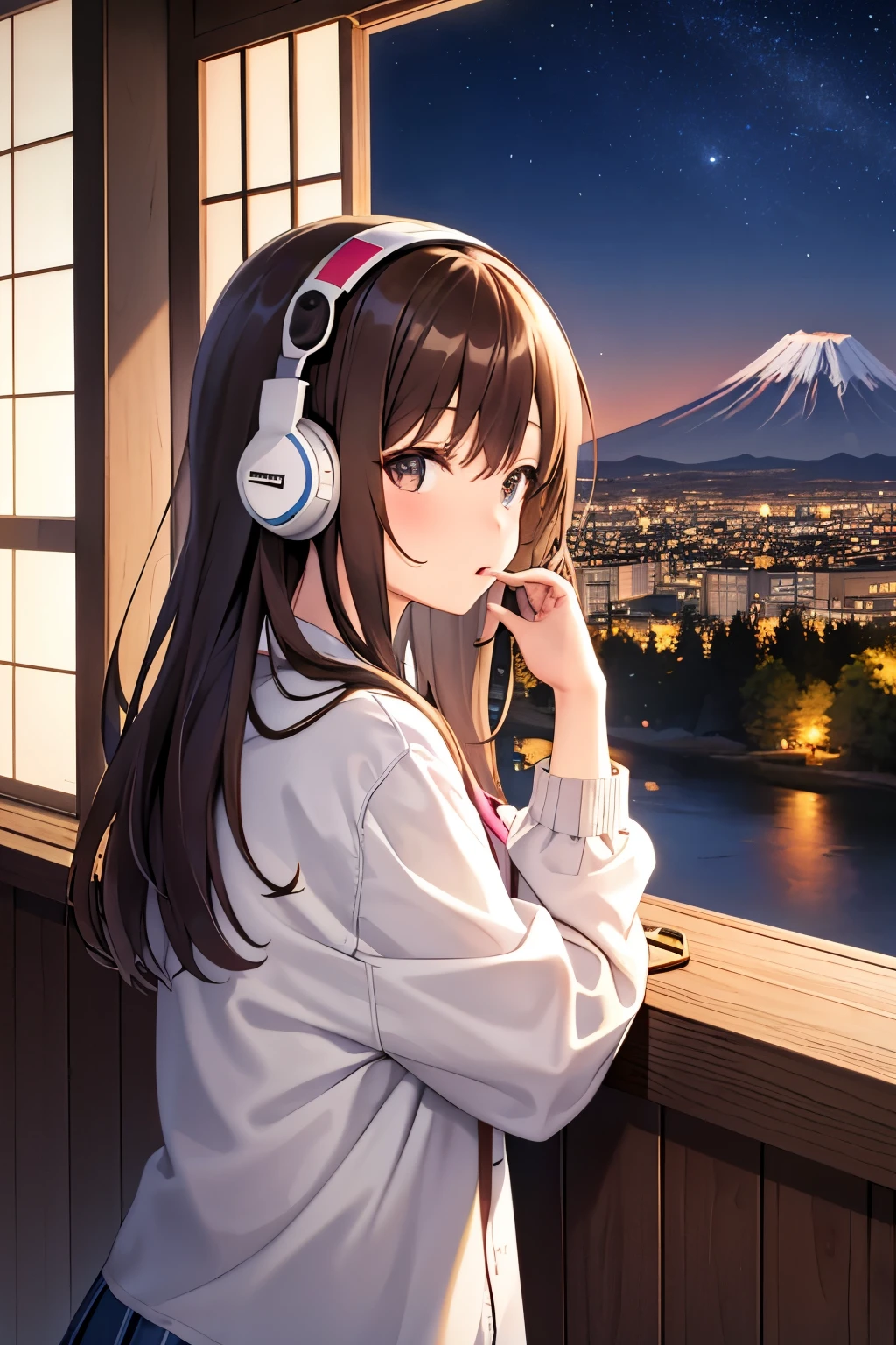 Lo-Fi Research, girl, write, ~ ~ side, 日本人のgirl, Brown Hair, Medium Long Hair, Headphones, Summer clothes, window, mount fuji background, summer night