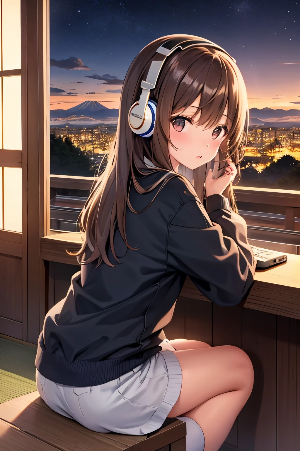 Lo-Fi Research, girl, write, ~ ~ side, 日本人のgirl, Brown Hair, Medium Long Hair, Headphones, Summer clothes, window, mount fuji background, summer night