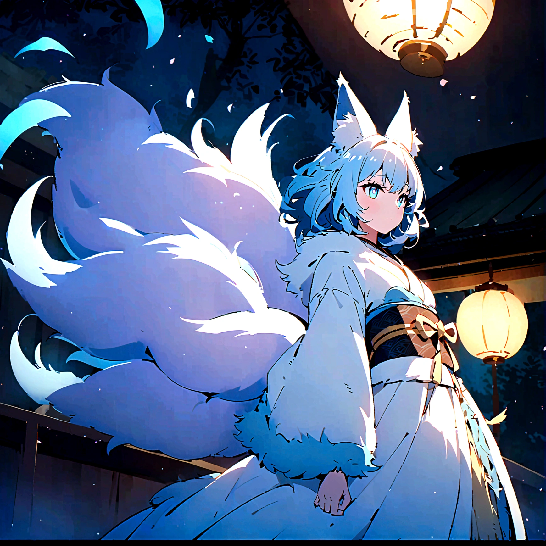 fox Light blue hair 　beast girl　indigo fur　fox beast girl　fox Light blue hair 　beast girl　indigo fur　fox beast girl　Wallpaper 4k,8k,highly detailled,,vivid colors,detailed kitsune with 9 tails,traditional Japanese artwork,tatami floor,beautiful cherry blossoms,floating lanterns,dark silhouette of a pagoda,subtle moonlight,dense forest,ethereal atmosphere,dappled sunlight,whimsical spirit,serene expression,elaborate kimono and obi,delicate hand-painted details,luminous eyes　Anime Style　fox　blue　White-faced golden-haired nine-tailed fox　Coat blue　　fox Light blue hair 　beast girl　indigo fur　fox beast girl　Anime Style　fox　blue　White-faced golden-haired nine-tailed fox　Coat blue　　　mysterious background　Blue Flame　girl　have a ball of light　fox Light blue hair 　beast girl　indigo fur　fox beast girl　mysterious background　Blue Flame　girl　have a ball of light Anime Style　fox　blue　White-faced golden-haired nine-tailed fox　Coat blue　　　mysterious background　Blue Flame　girl　have a ball of light