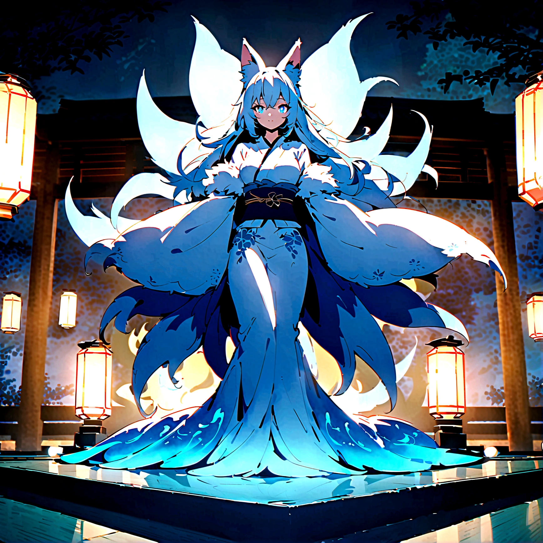 fox Light blue hair 　beast girl　indigo fur　fox beast girl　fox Light blue hair 　beast girl　indigo fur　fox beast girl　Wallpaper 4k,8k,highly detailled,,vivid colors,detailed kitsune with 9 tails,traditional Japanese artwork,tatami floor,beautiful cherry blossoms,floating lanterns,dark silhouette of a pagoda,subtle moonlight,dense forest,ethereal atmosphere,dappled sunlight,whimsical spirit,serene expression,elaborate kimono and obi,delicate hand-painted details,luminous eyes　Anime Style　fox　blue　White-faced golden-haired nine-tailed fox　Coat blue　　fox Light blue hair 　beast girl　indigo fur　fox beast girl　Anime Style　fox　blue　White-faced golden-haired nine-tailed fox　Coat blue　　　mysterious background　Blue Flame　girl　have a ball of light　fox Light blue hair 　beast girl　indigo fur　fox beast girl　mysterious background　Blue Flame　girl　have a ball of light Anime Style　fox　blue　White-faced golden-haired nine-tailed fox　Coat blue　　　mysterious background　Blue Flame　girl　have a ball of light
