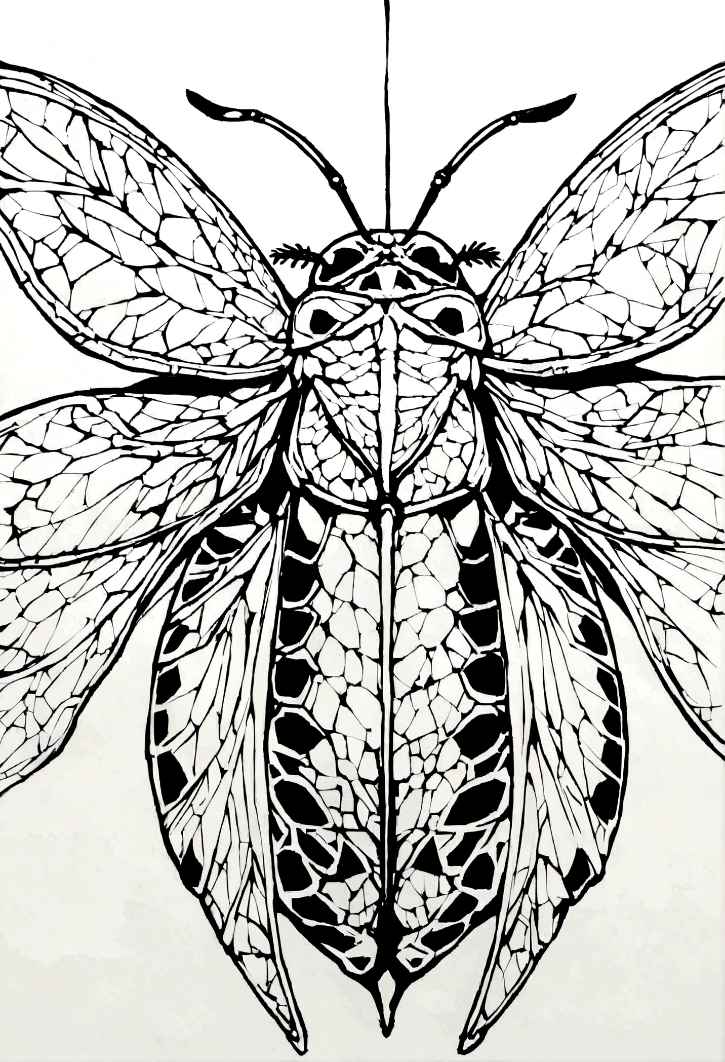 Black and white line drawing of a cicada. The insect is depicted with its wings spread wide, showcasing intricate details of the wing veins and body segments. The cicada's head, thorax, and abdomen are clearly defined, with the head featuring prominent eyes and antennae. The wings are symmetrical and extend outward from the body, with the forewings being larger than the hindwings. The overall style is minimalist and precise, focusing on the anatomical accuracy of the cicada.