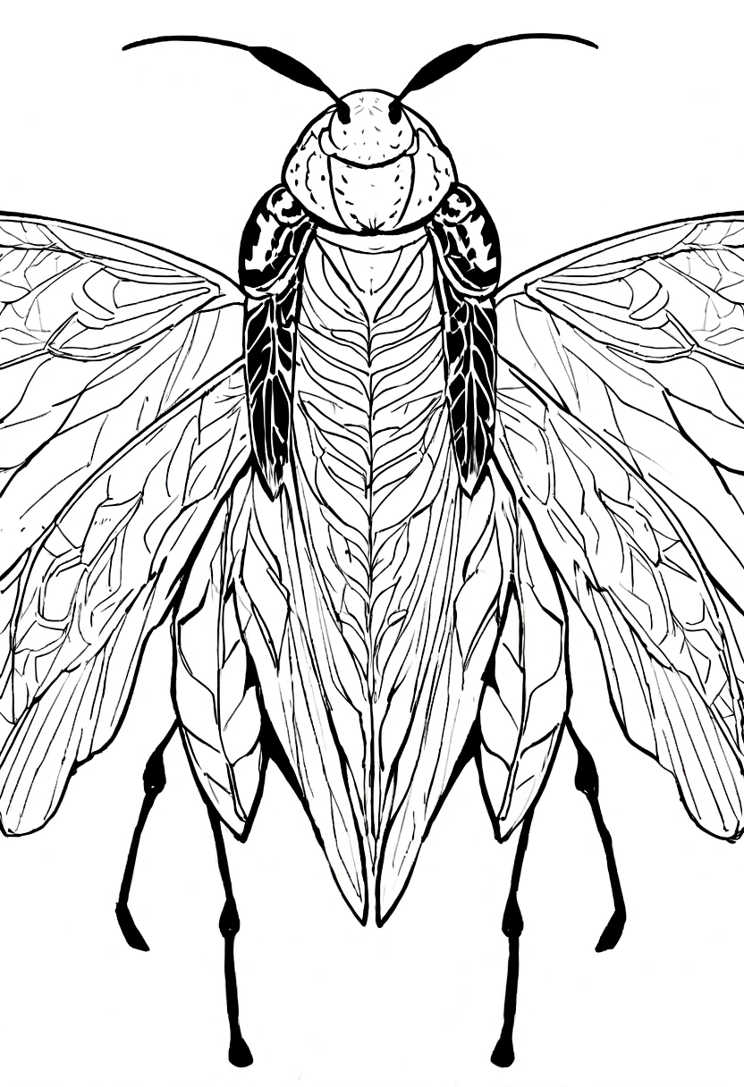 Black and white line drawing of a cicada. The insect is depicted with its wings spread wide, showcasing intricate details of the wing veins and body segments. The cicada's head, thorax, and abdomen are clearly defined, with the head featuring prominent eyes and antennae. The wings are symmetrical and extend outward from the body, with the forewings being larger than the hindwings. The overall style is minimalist and precise, focusing on the anatomical accuracy of the cicada.