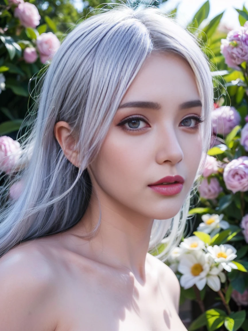 1girl, glowing purple eyes, white hair, parted lips, blush, crop top, skirt, flowers, night, sunlight, realistic, beautiful detailed eyes, beautiful detailed lips, extremely detailed face, lush garden, (best quality,4k,8k,highres,masterpiece:1.2),ultra-detailed,(realistic,photorealistic,photo-realistic:1.37),dramatic lighting,cinematic,warm colors,ethereal