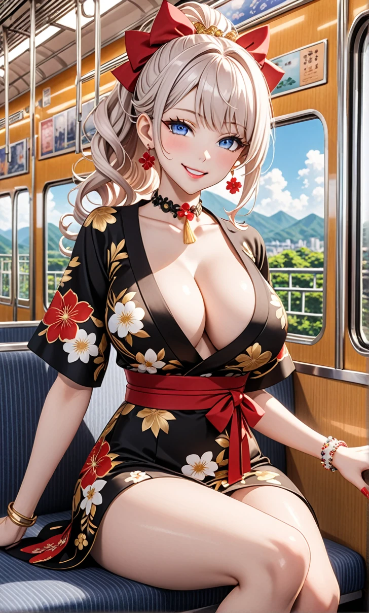 ultra-detailed, ((one girl)), (pale skin:1.3), in pastel colors gyaru, hyper detailed, absurdres, 8K, fair skin, Beautiful Face, (heavy makeup),  (Laugh shyly), ((teasing smile:1.8)), ((Wink:1.6)), (Laugh with your mouth wide open),((Tilt your head:1.6)), View your viewers, ((Bright red cheeks:1.6)),Glossy Red Lips, ((blue eyes)), ((Big Breasts:1.5)), (show off breast), noon, on the train,  ((Anime style background)),masterpiece, Highest quality, so beautiful,Latest, Complex details, (Pink long nails), (nail art), (ring),(bracelet), (Floral choker),AI-generated, Complex,High resolution, Highest quality, super high quality,3D Images、3D Images,One person,long white hair,(High Ponytail), (wavy hair:1.1), Anime woman posing for a photo, ((Fine grain、blue eyes、glowing eyes:1.4)), (Squint your eyes:1.1),a hyperRealistic , hyperRealistic , Realistic,Anime woman with long white, Smooth anime CG art, Girl in black kimono, Gold embroidery, ((black furisode)),(Large floral pattern)  Long flower hair ornament,Floral Earrings,Mature Body, tall,Abdominal muscles,Narrow waist,((Sit in your seat:1.3)), (front view),