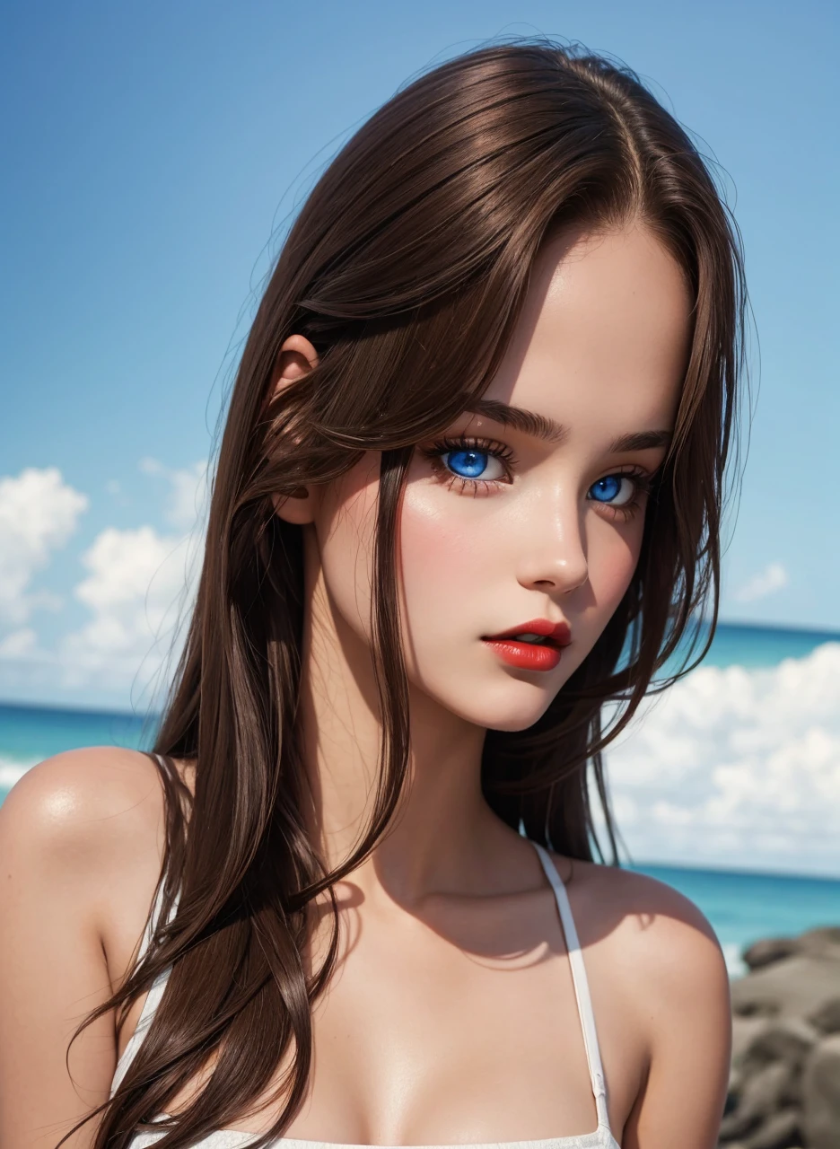 beautiful teenager, 17 years, Brown hair, beautiful blue eyes, sensual red lips. sexy
