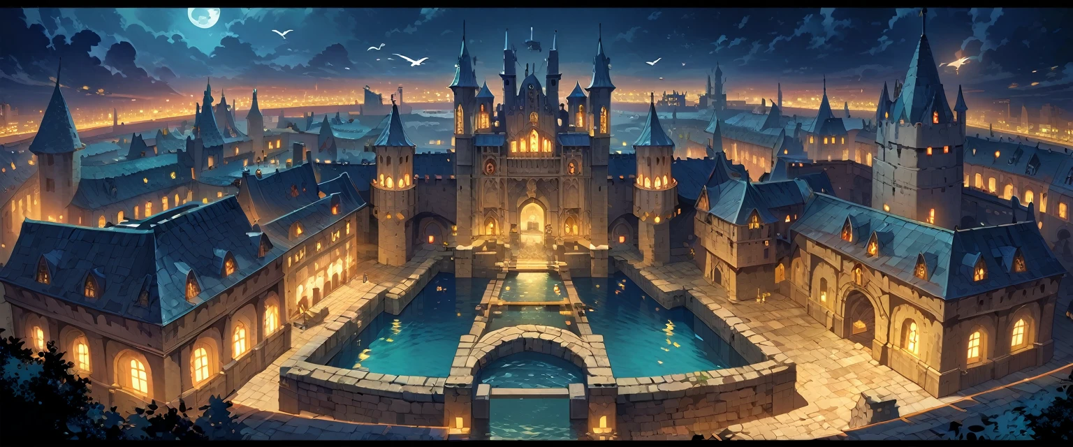 A castle(Royal Palaces of Medieval Europe),The castle is surrounded by a moat,There are soldiers guarding both sides of the city gate.,Background is night,Night view。Bird's eye view composition,Panorama pictures,Scene screen,Game concept art style,Anime illustration style,HD,4K。