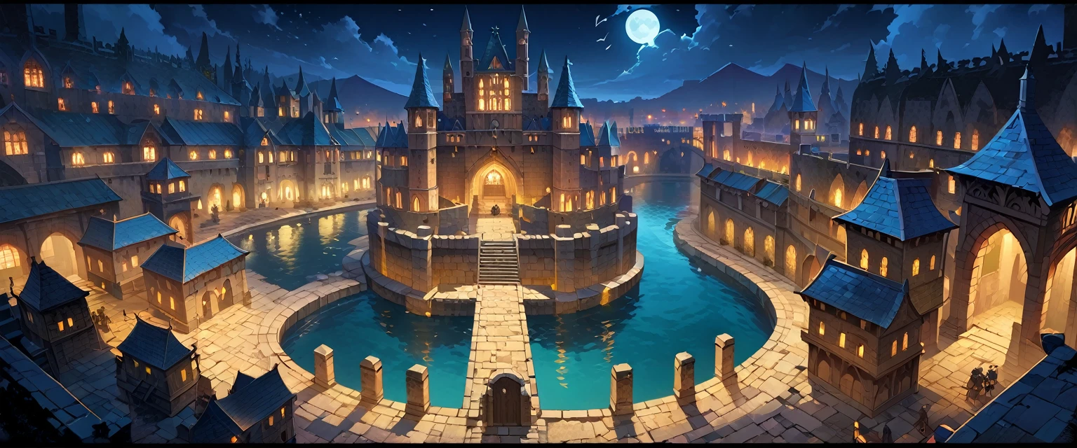 A castle(Royal Palaces of Medieval Europe)，The castle is surrounded by a moat，There are soldiers guarding both sides of the city gate.，Background is night，Night view。Bird's eye view composition，Panorama pictures，Scene screen，Game concept art style，Anime illustration style，HD，4K。