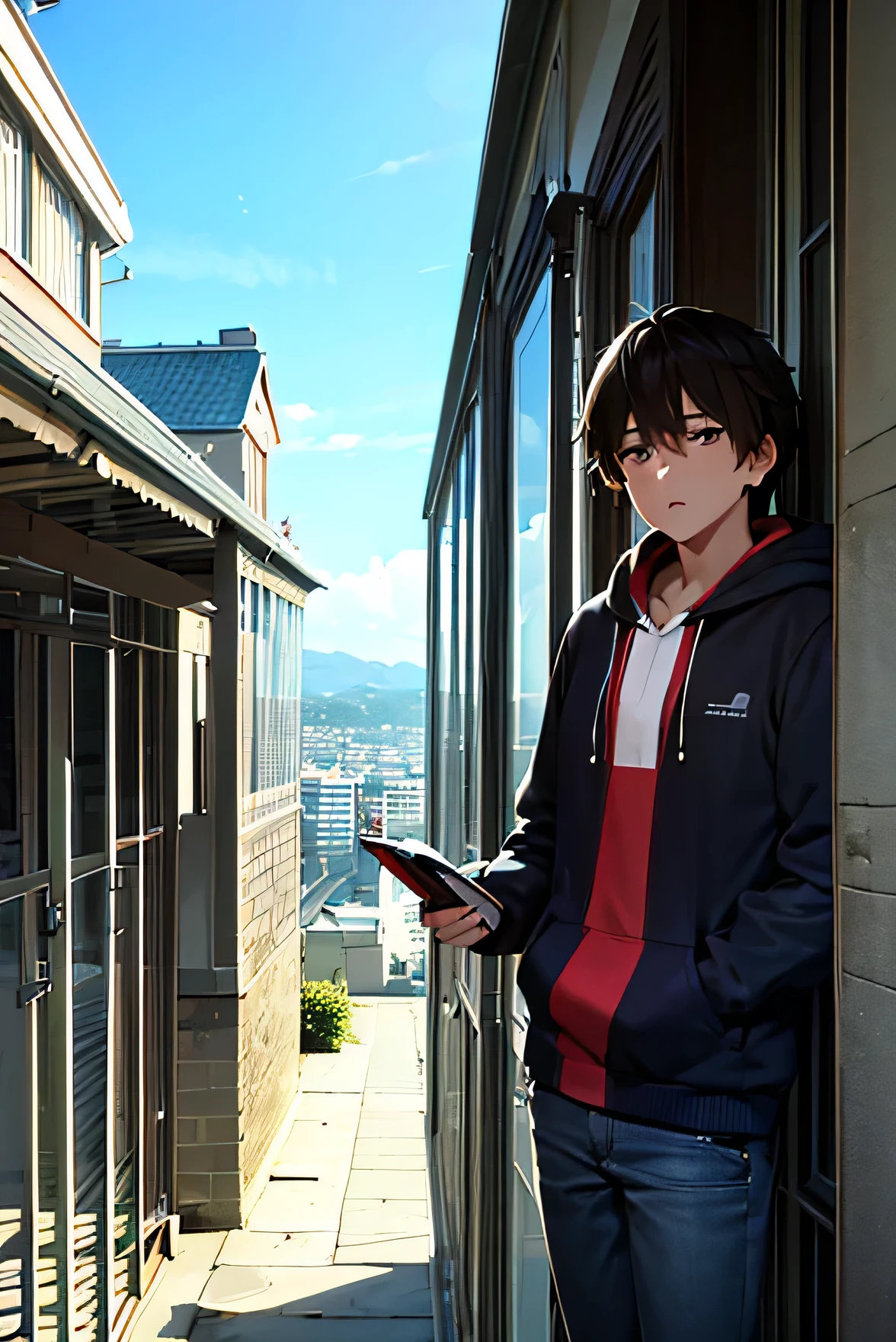 masterpiece, best quality, grayscaled, ultra-detailed, illustration, aesthetic, for drama novel cover, the guy looks medium, in the balcony, panoramic background, beautiful and amazing sky, blue-colored sky, gradient color sky, standing, looks from beside, handsome, cool guy, black hair, red hoodie, staring out straight to the sky, cold face