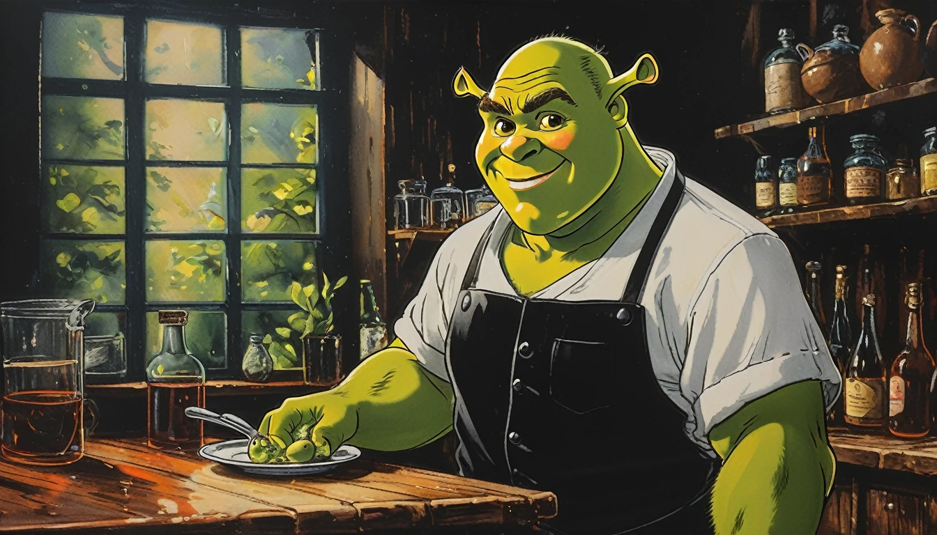 Stunning highly detailed painting of Shrek waiter.,   8k,   sharp,  professional, Clear,   High contrast, high saturated, , intense and deep blacks, crystal Clear