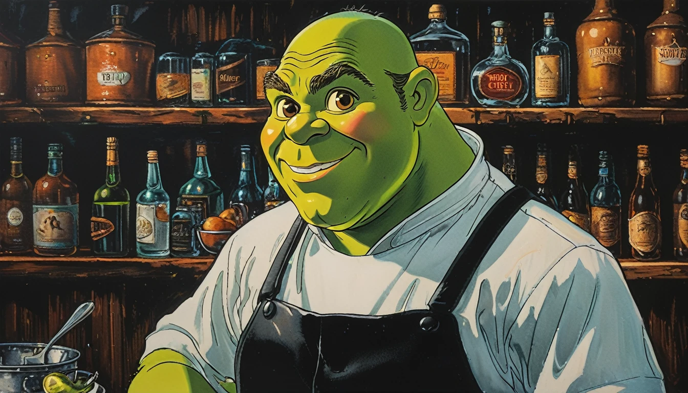 Stunning highly detailed painting of Shrek waiter.,   8k,   sharp,  professional, Clear,   High contrast, high saturated, , intense and deep blacks, crystal Clear