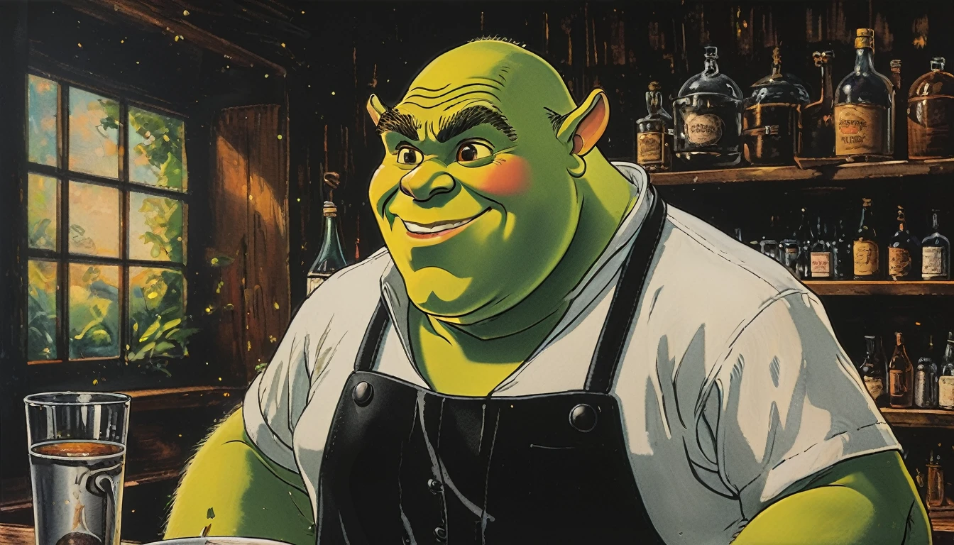 Stunning highly detailed painting of Shrek waiter.,   8k,   sharp,  professional, Clear,   High contrast, high saturated, , intense and deep blacks, crystal Clear