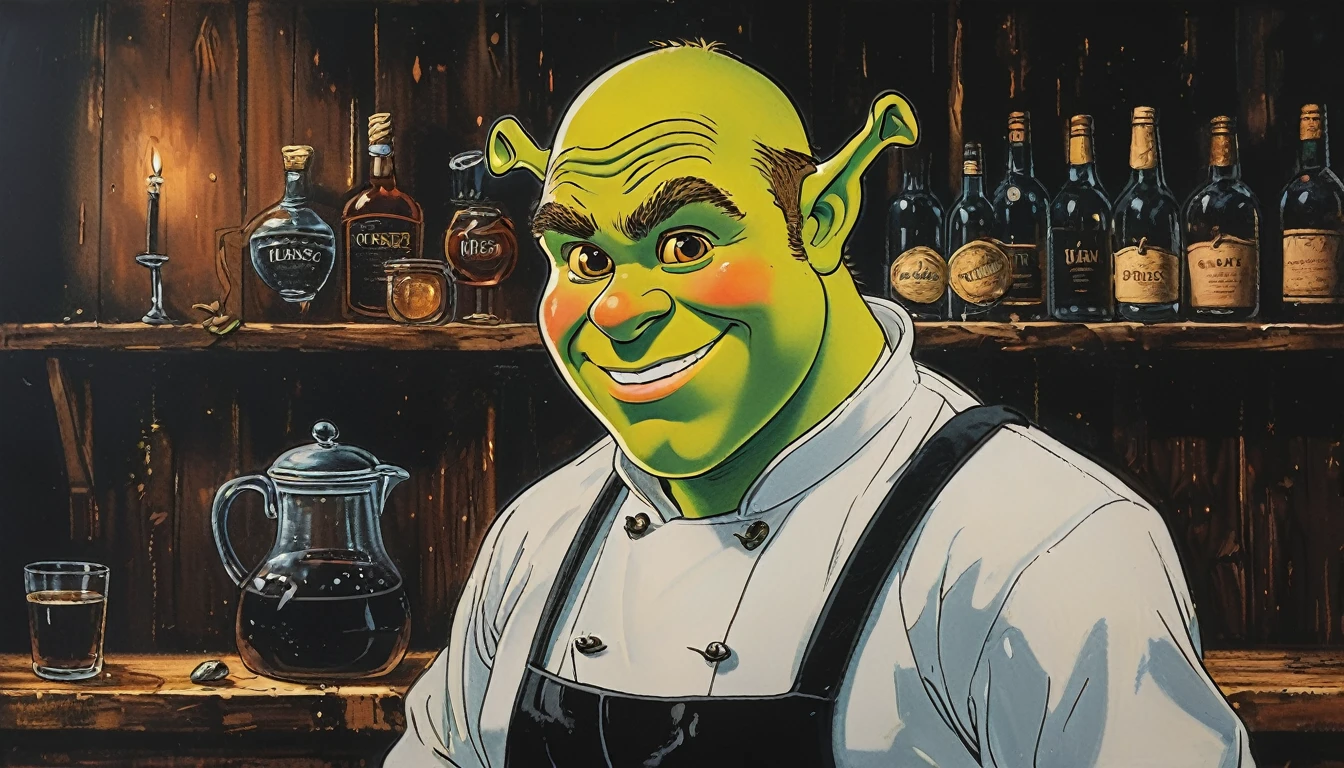 Stunning highly detailed painting of Shrek waiter.,   8k,   sharp,  professional, Clear,   High contrast, high saturated, , intense and deep blacks, crystal Clear