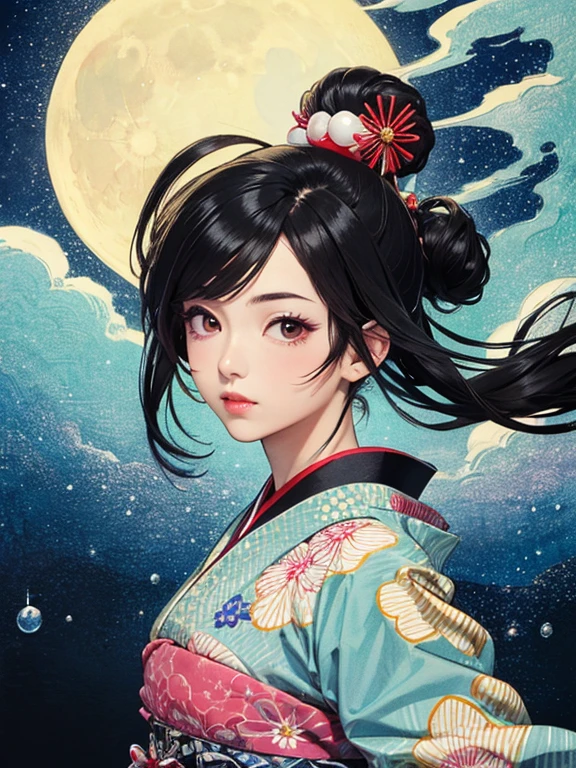 (masterpiece, Highest quality,High resolution, Official Art), (One girl), Bright and vivid color patterns in Japanese clothing、Black hair in a Japanese round topknot,Traditional Japanese patterned fabric, (Dynamic movements),(Shiny skin),  ( Ukiyo-e background,moon,flower,cloud )