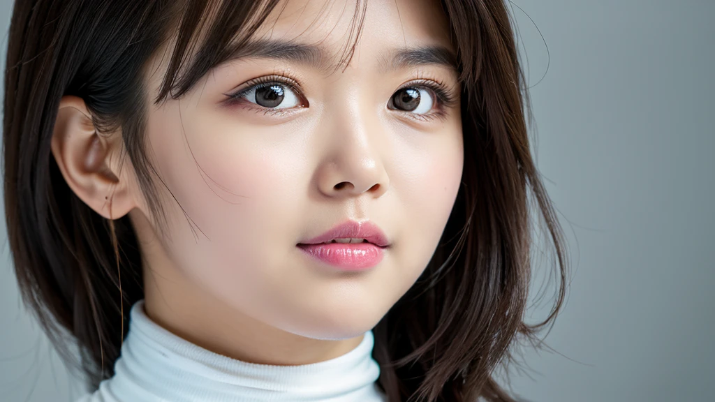(Detailed face),vivid,cute,White sleeveless and turtleneck outfit,4K,Ultra-high resolution,(Photorealistic:1.7),Black long hair,Gray background,