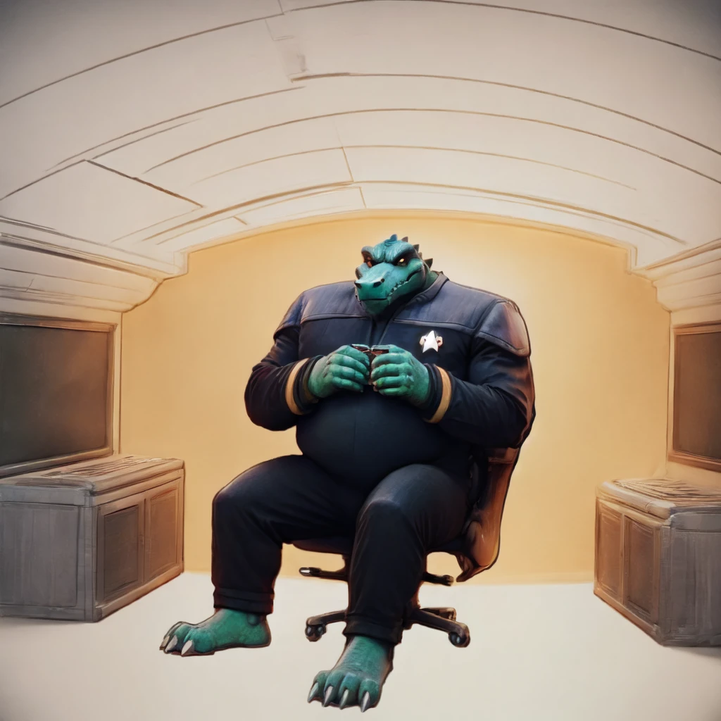 (((Barefoot scaley character, full body, cinematic setting, furry male, plantigrade))) 
Doctor (((kingkrool))), crocodile, green skin, reptile, gold bracelets, scales, bloodshot eye, fat, obese,
exudes confidence and authority, wears star trek DS9 doctor teal uniform, ((ds9st, black and grey star trek uniform, grey shoulders, teal neck, black jumpsuit, black pants)) dynamic pose, holding medical tricorder, ((starship interior with many screens and consoles)), futuristic look, metalic, bright colors
BREAK, intricate details, highly detailed, extreme detail, octane render, fine art, best quality, highres, (detailed face:1.5), ((full_body)), UHD, (((perfect hands))), ((low light:1.5))