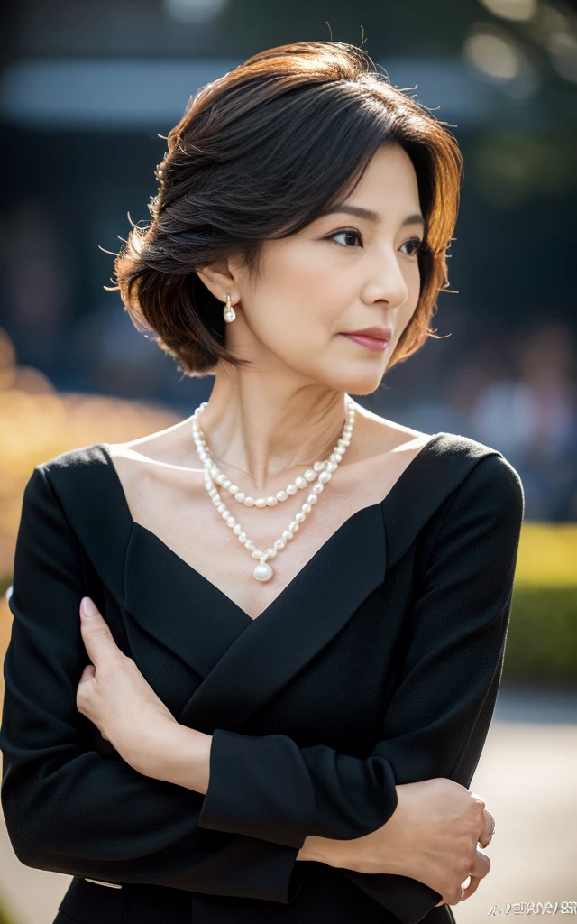(highest quality, 8K, best image quality), beautiful and elegant 45 year old mature, japanese Female upper body photo, beautiful detailed face, Standing elegantly (All black suit-type mourning clothes:1.3), (pearl necklace:1.2), clavicle, (Bewitching, shiny, A sexy mature woman), (Perfect composition showing the most beautiful women:1.3), plump body, (Romantic and moody warm lighting:1.2), make up;1.5, The most beautiful and classy hairstyle, (accurate anatomy:1.1), blurred background,