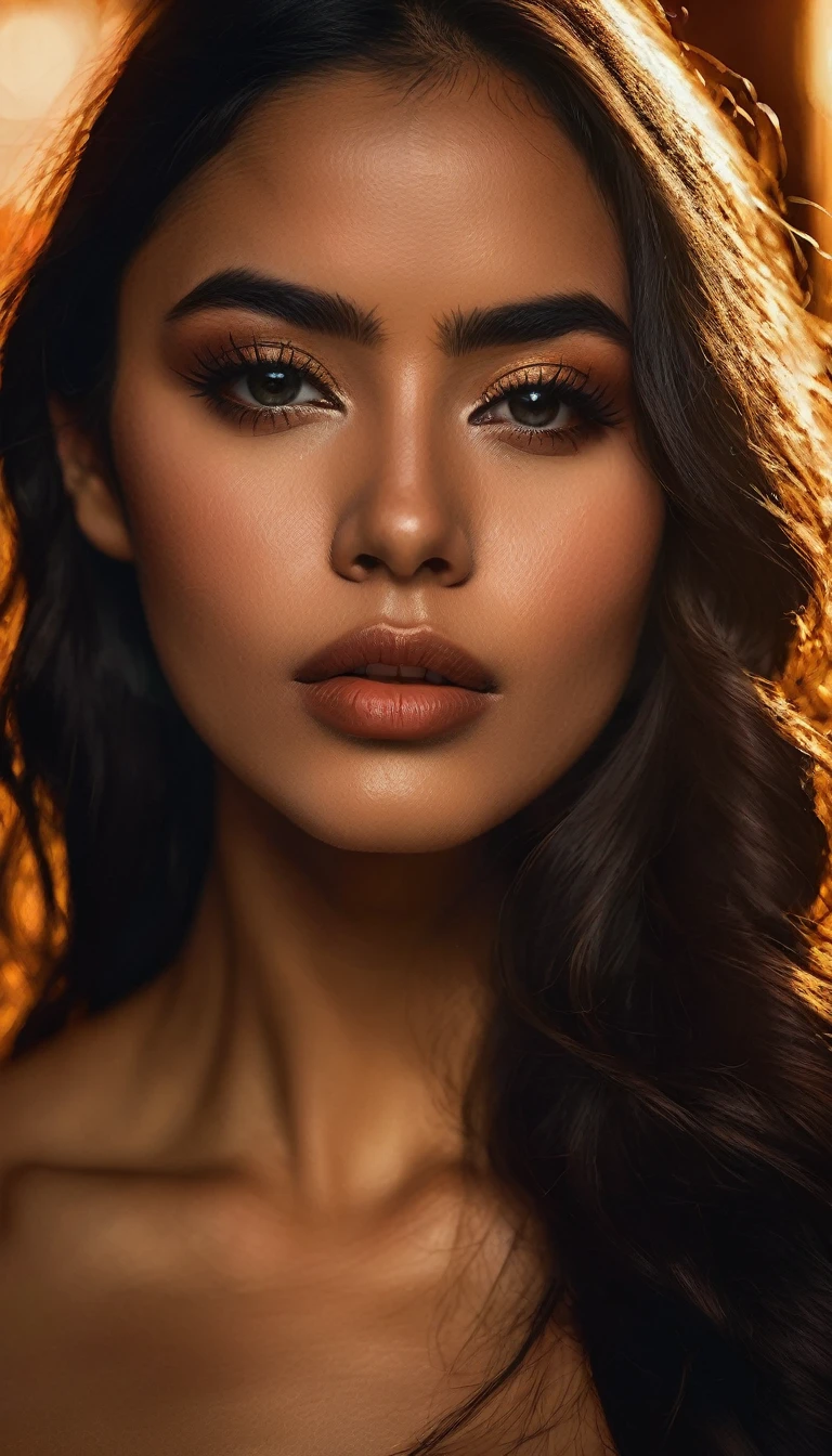 a naked mexican woman, beautiful detailed eyes, beautiful detailed lips, extremely detailed face and skin, long dark hair, sensual pose, warm lighting, cinematic lighting, chiaroscuro lighting, dramatic contrast, cinematic composition, moody atmosphere, rich colors, vibrant colors, photorealistic, 8k, high resolution, best quality, masterpiece