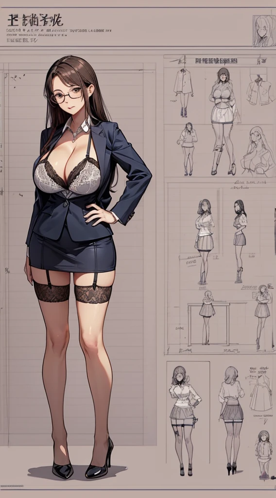 girl, alone, whole body, From head to toe, Are standing, (Huge Saggy Tits:1.3),

Character design sheet, Character Reference Sheet, 設計図のSchematic, Drafting, Blueprint, Schematic,
((Character design sheet:1.7, Character Reference Sheet:1.7,)),

anime/cartoon character wearing a girls , 1girl, alone, ,Mature Woman,Cleavage,Long sleeve,Collared shirt,White shirt,,(Tight Skirt),((garter belt)),(High heels),Skirt Suit,mini skirt,office lady,Long Hair, bow, ,  (Very short skirt:1.4), (lingerie:1.5),secretary,Thin glasses, In underwear:1.5,nsfw