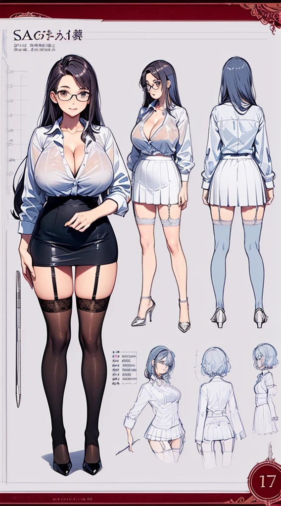 girl, alone, whole body, From head to toe, Are standing, (Huge Saggy Tits:1.3),

Character design sheet, Character Reference Sheet, 設計図のSchematic, Drafting, Blueprint, Schematic,
((Character design sheet:1.7, Character Reference Sheet:1.7,)),

anime/cartoon character wearing a girls , 1girl, alone, ,Mature Woman,Cleavage,Long sleeve,Collared shirt,White shirt,,(Tight Skirt),((garter belt)),(High heels),Skirt Suit,mini skirt,office lady,Long Hair, bow, ,  (Very short skirt:1.4), (lingerie:1.5),secretary,Thin glasses, In underwear:1.5,nsfw