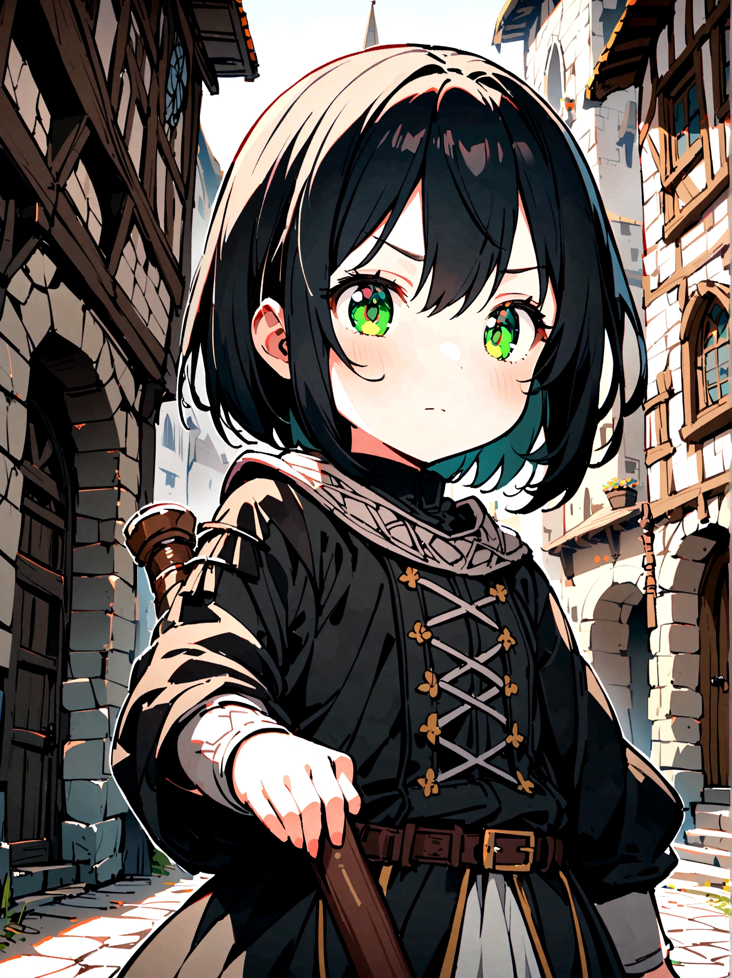 1 Young girl ,cute girl, hair between eyes, short black hair, black clothing, green Eyes, with a straight face, charachter, RPG, hand drawn, High details, medieval city background