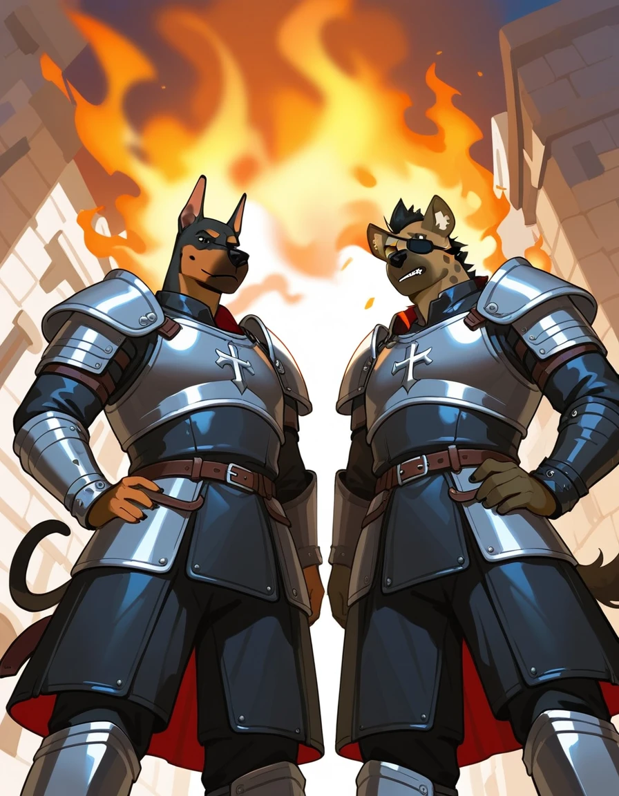 Duo, score_9,score_8_up,score_7_up, duo, an Anthro furry hyena male with an eyepatch, and an Anthro furry Doberman male, two soldiers, male, medieval mercenaries, (black armor, black leather armor), their eyes and faces are shrouded in shadow, they are wearing leather armor, outdoors, in a burning village, nighttime, low angle shot, they are looking down at viewer, pov, arms crossed, faceless, their faces are shrouded in darkness, arms crossed, they are standing, grinning:1.5 deviously, evil smiles, ill intent, mysterious men