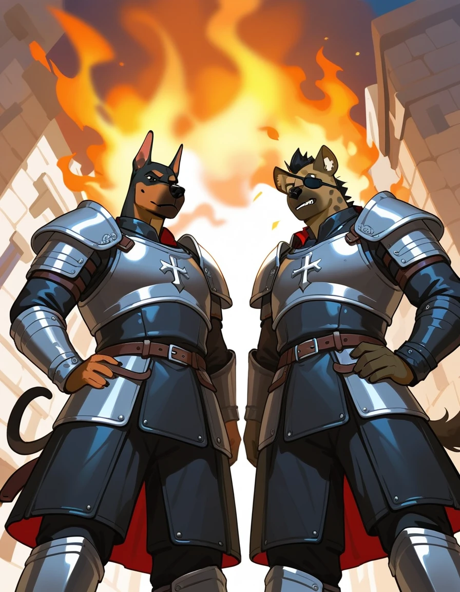 Duo, score_9,score_8_up,score_7_up, duo, an Anthro furry hyena male with an eyepatch, and an Anthro furry Doberman male, two soldiers, male, medieval mercenaries, (black armor, black leather armor), their eyes and faces are shrouded in shadow, they are wearing leather armor, outdoors, in a burning village, nighttime, low angle shot, they are looking down at viewer, pov, arms crossed, faceless, their faces are shrouded in darkness, arms crossed, they are standing, grinning:1.5 deviously, evil smiles, ill intent, mysterious men