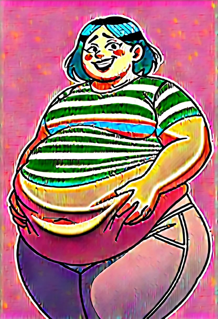 Fat obese, sssbbw, gluttony, high school girl, pixar animated, toothy grin, grabbing belly, Masterpiecev10, Extremely detailed, belly hanging out, sexy, sensual, ((black striped shirt)), black lipstick, black hair, pale