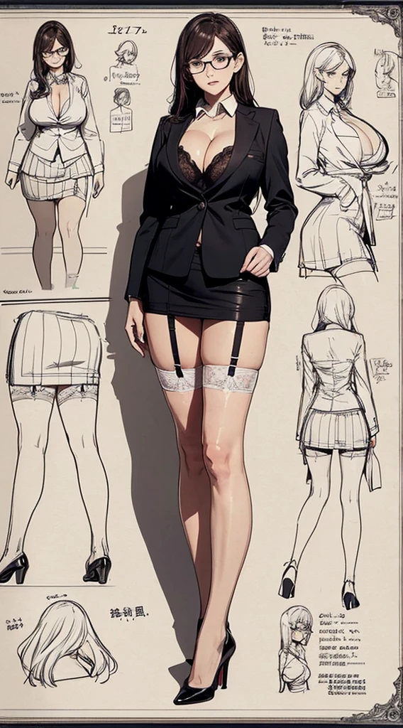 girl, alone, whole body, From head to toe, Are standing, (Huge Saggy Tits:1.3),
Character design sheet, Character Reference Sheet, 設計図のSchematic, Drafting, Blueprint, Schematic,
((Character design sheet:1.7, Character Reference Sheet:1.7,)),
anime/cartoon character wearing a girls , 1girl, alone, ,Mature Woman,Cleavage,Long sleeve,Collared shirt,White shirt,,(Tight Skirt),((garter belt)),(High heels),Skirt Suit,mini skirt,office lady,Long Hair, bow, , (Very short skirt:1.4), (lingerie:1.5),secretary,Thin glasses, In underwear:1.5,nsfw
