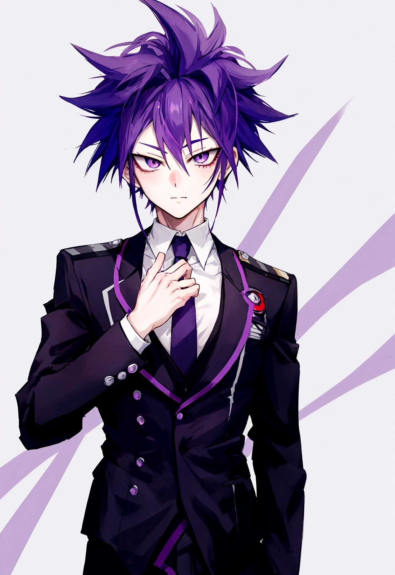 Male character in the style of the anime my Hero Academia with purple hair, pale complexion and gray eyes