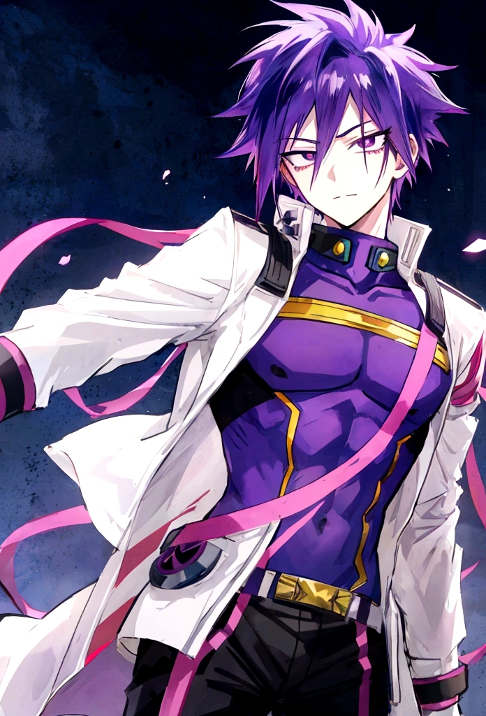 Male character in the style of the anime my Hero Academia with purple hair, pale complexion and gray eyes
