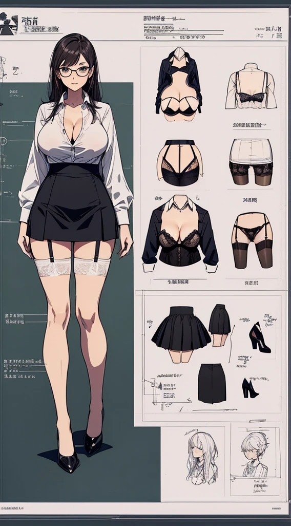 girl, alone, whole body, From head to toe, Are standing, (Huge Saggy Tits:1.3),
Character design sheet, Character Reference Sheet, 設計図のSchematic, Drafting, Blueprint, Schematic,
((Character design sheet:1.7, Character Reference Sheet:1.7,)),
anime/cartoon character wearing a girls , 1girl, alone, ,Mature Woman,Cleavage,Long sleeve,Collared shirt,White shirt,,(Tight Skirt),((garter belt)),(High heels),Skirt Suit,mini skirt,office lady,Long Hair, bow, , (Very short skirt:1.4), (lingerie:1.5),secretary,Thin glasses, In underwear:1.5,nsfw