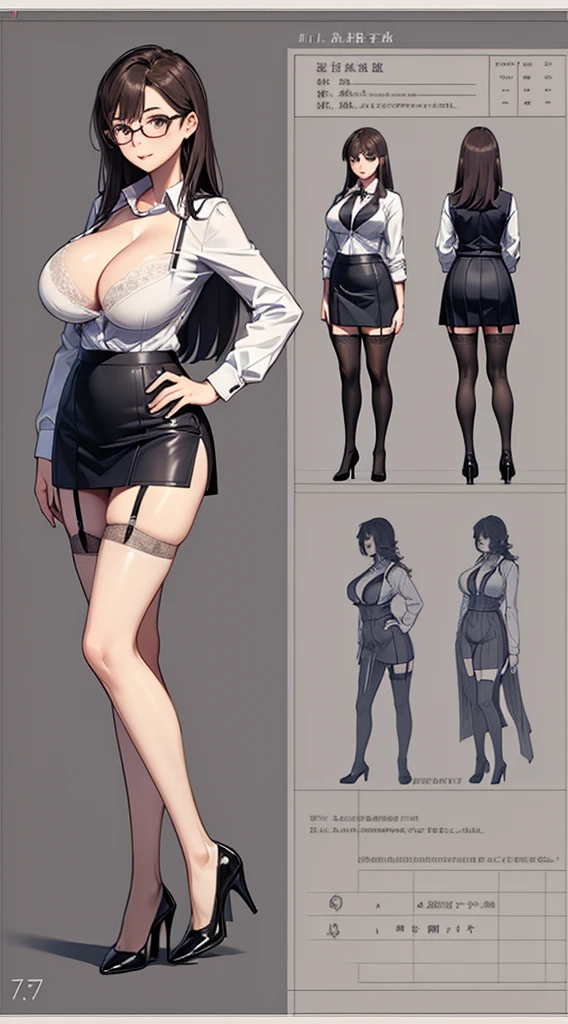 girl, alone, whole body, From head to toe, Are standing, (Huge Saggy Tits:1.3),
Character design sheet, Character Reference Sheet, 設計図のSchematic, Drafting, Blueprint, Schematic,
((Character design sheet:1.7, Character Reference Sheet:1.7,)),
anime/cartoon character wearing a girls , 1girl, alone, ,Mature Woman,Cleavage,Long sleeve,Collared shirt,White shirt,,(Tight Skirt),((garter belt)),(High heels),Skirt Suit,mini skirt,office lady,Long Hair, bow, , (Very short skirt:1.4), (lingerie:1.5),secretary,Thin glasses, In underwear:1.5,nsfw