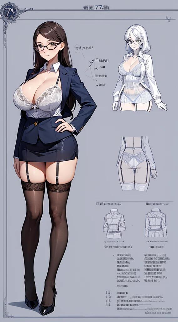 girl, alone, whole body, From head to toe, Are standing, (Huge Saggy Tits:1.3),

Character design sheet, Character Reference Sheet, 設計図のSchematic, Drafting, Blueprint, Schematic,
((Character design sheet:1.7, Character Reference Sheet:1.7,)),

anime/cartoon character wearing a girls , 1girl, alone, ,Mature Woman,Cleavage,Long sleeve,Collared shirt,White shirt,,(Tight Skirt),((garter belt)),(High heels),Skirt Suit,mini skirt,office lady,Long Hair, bow, ,  (Very short skirt:1.4), (lingerie:1.5),secretary,Thin glasses, In underwear:1.5,nsfw