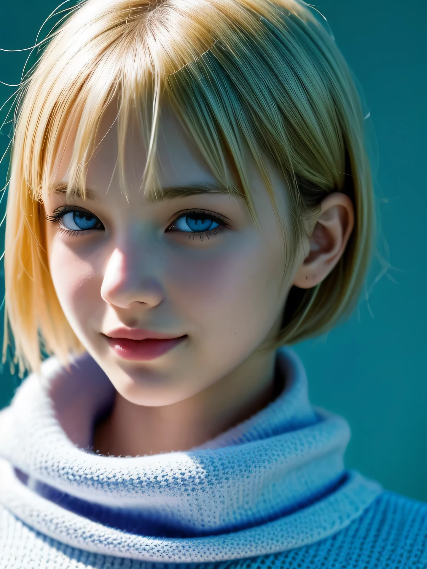 (Photo Real:1.4), (hyper realisitic:1.4), (Smooth lighting:1.05), 1 girl, teenager, blue eyes, happy, shy, smile, (looking away:1.2), Close-up of the face, Soft lighting, Back lighting, (Finest Real Textured Skins), Super fine face, glowy skin, retinas, Anatomically correct, (Blonde short Hair:1.1), bangs, Textured skin, High quality, high details, Best Quality, High resolution, sweater