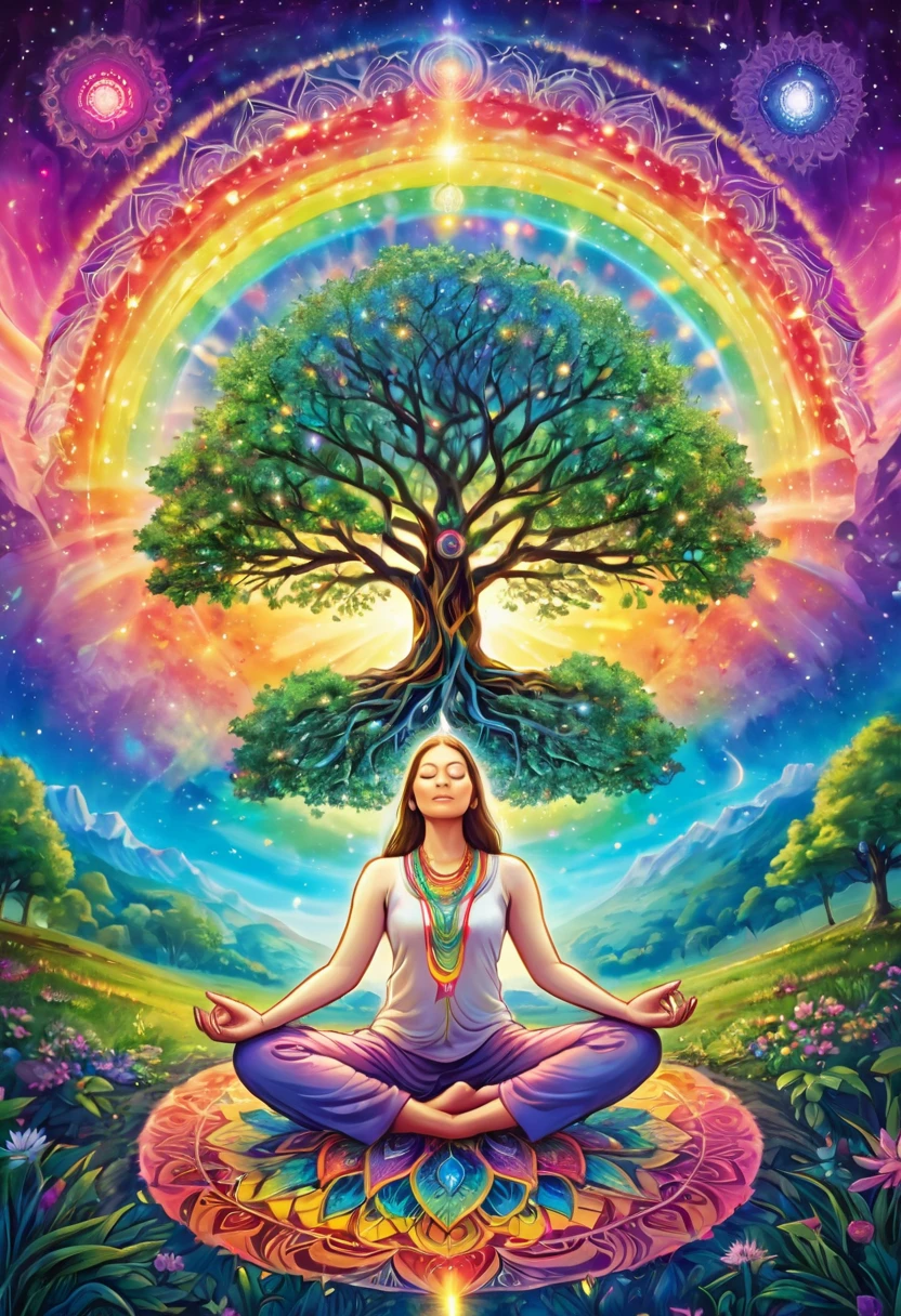 people doing meditation on the earth, their legs are the roots of a tree, the roots of the tree are connected to the center of the earth, the first chakra, mandala, above the earth, mystical world, plants, shooting stars, pastel rainbow colors Light of