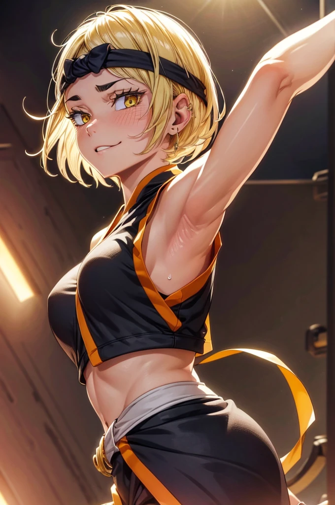 8k high resolution, detailed face, detailed body, perfect body, ultra high quality, 1 girl, sleeveless shirt, arms up, armpit, sweating, black headband, yellow eyes