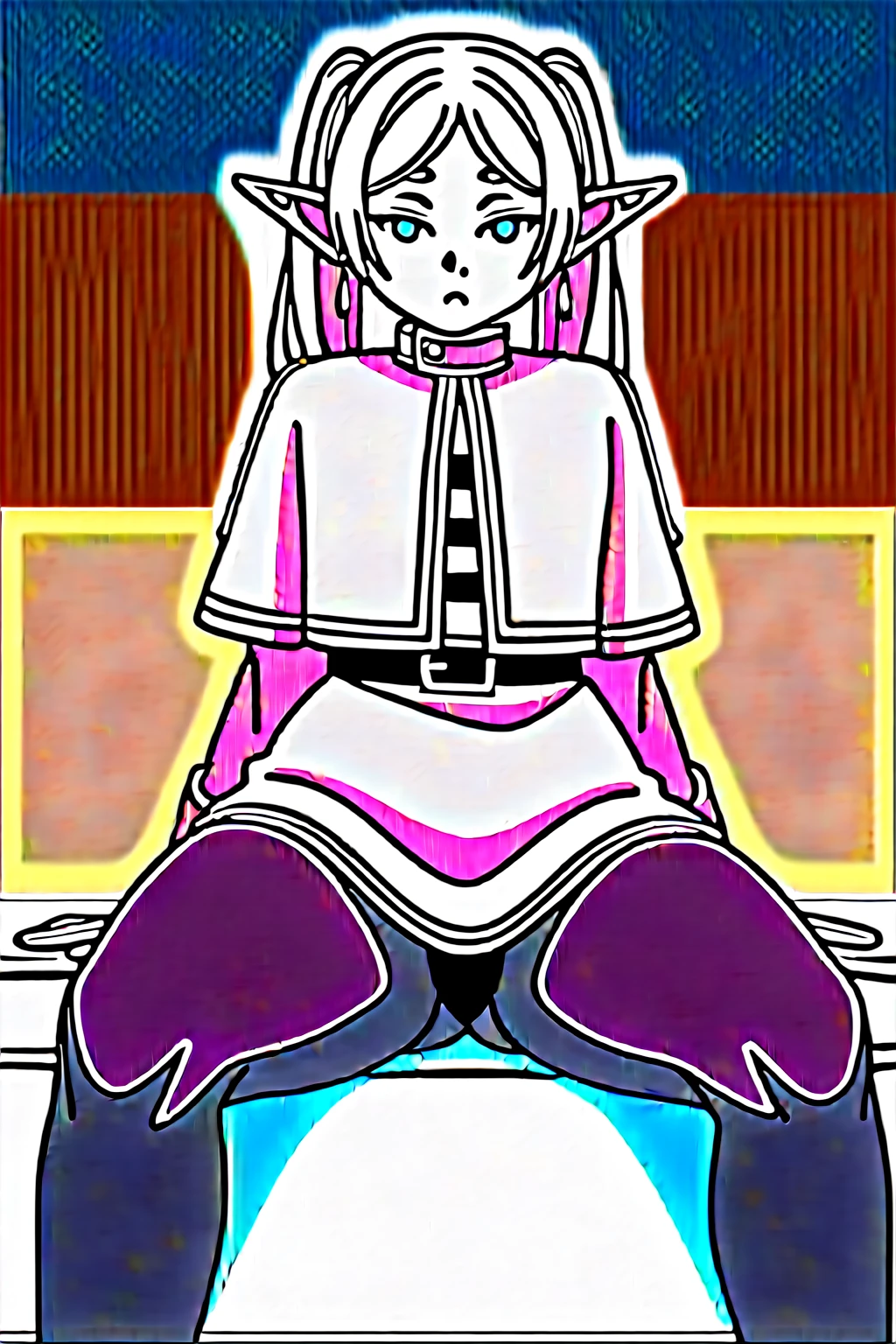 score_9, score_8_up, score_7_up, score_6_up, score_5_up, score_4_up, (source_anime), {{Frieren from sousou no frieren}} , ((small breasts)), breasts milk, Sitting in the bed, Black pantyhose, Milk-smeared breast, dynamic pose, ((solo)), Legs spread, Thick thighs, big ass, Massive thighs, frieren