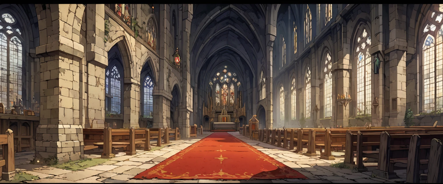 church(European medieval churches),White Wall,Sacred and solemn environment,There is a red carpet in the middle。Mid-ground composition,Panorama pictures,Scene screen,Game concept art style,Anime illustration style,HD,4K。