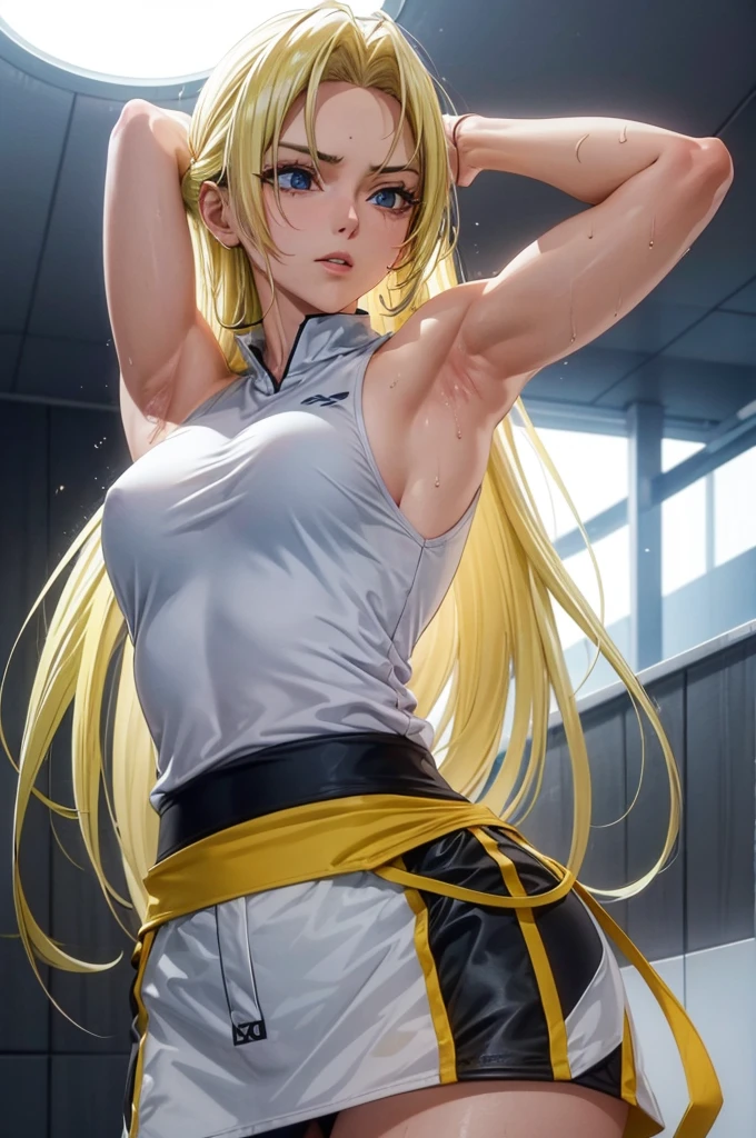 8k high resolution, ultra high quality, detailed face, detailed body, perfect body ,1 girl, blonde long hair, sleeveless shirt, arms up, armpit, sweating, sweaty armpits