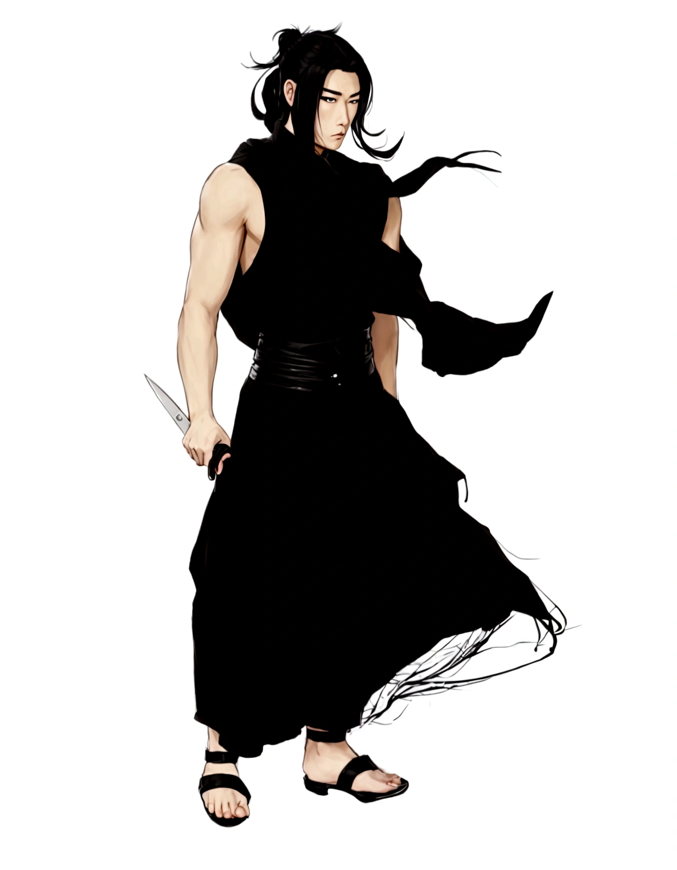 a drawing of a man in a black dress holding a knife, inspired by Iwao Takamoto, full body concept, inspired by Yamagata Hiro, anime style character, as a dnd character, inspirado em Sakai Hōitsu, inspired by Kanō Hōgai, inspired by Kawabata Ryūshi, ninja scroll anime style