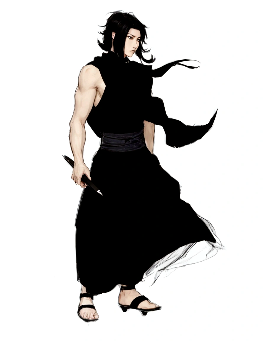 a drawing of a man in a black dress holding a knife, inspired by Iwao Takamoto, full body concept, inspired by Yamagata Hiro, anime style character, as a dnd character, inspirado em Sakai Hōitsu, inspired by Kanō Hōgai, inspired by Kawabata Ryūshi, ninja scroll anime style